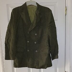 Olive Green Textured Pea Coat with Classic Lapel